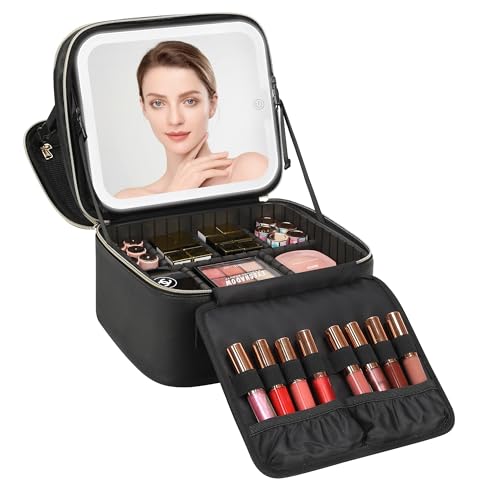 Relavel Makeup Bag with LED Mirror, Small Travel Makeup Case with Rechargeable Lighted Mirror 3 Color Lights, Double Layer Cosmetic Box Makeup Brush Lipstick Holder Organizer for Women, Black - Image 1
