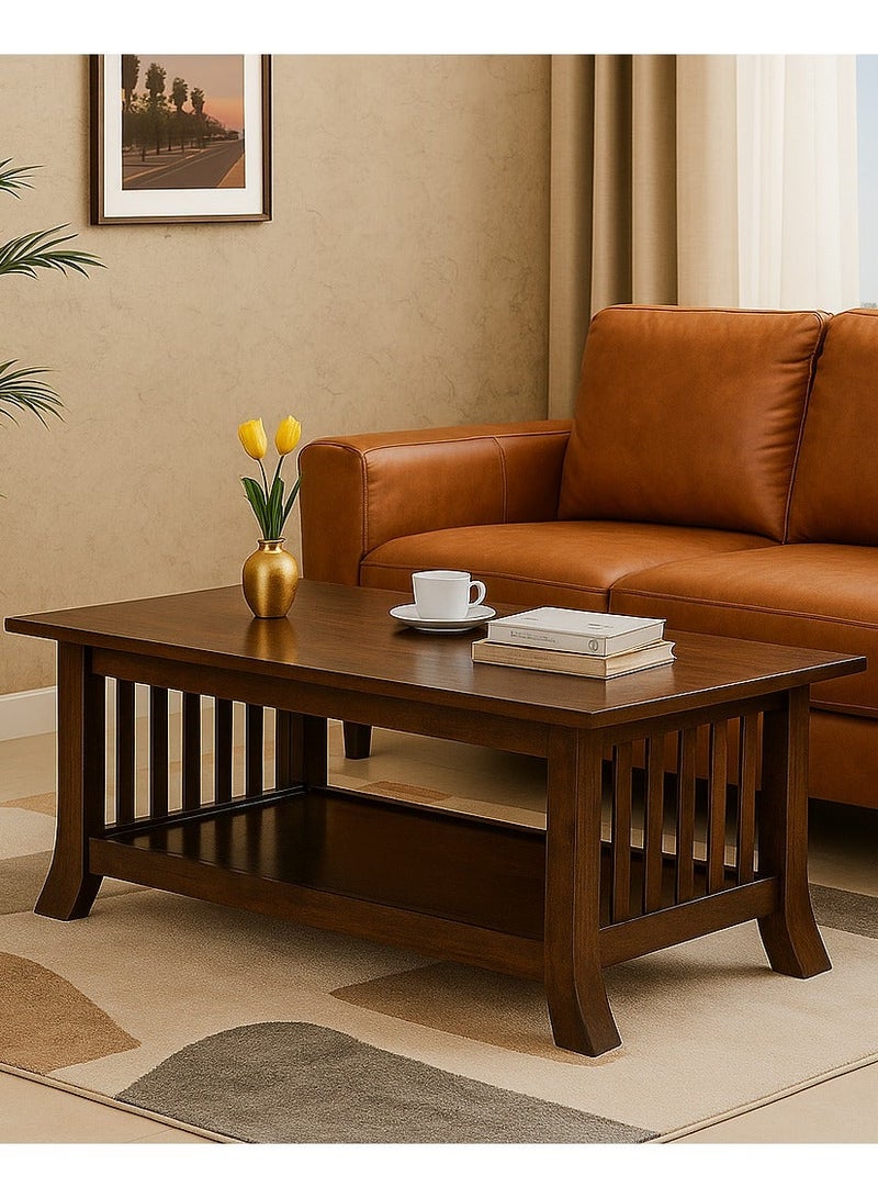 ROYALOAK Melaka Wooden Coffee Table | Solid Wood Veneer Top | Curved Legs for Sophisticated Style | Bottom Shelf for Extra Storage | Elegant & Functional Living Room Cofee Table Wooden - Image 1