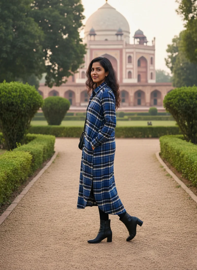 ترو برونز فستان قميص طويل صوف كاروهات أزرق من