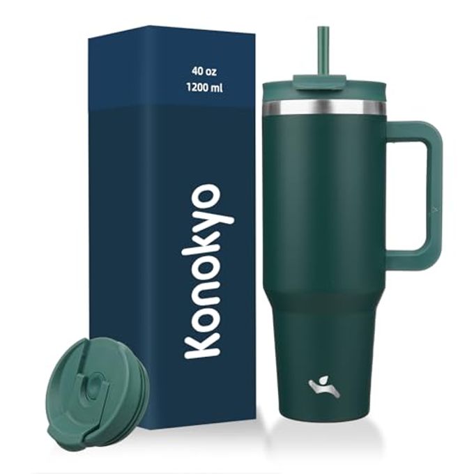 Konokyo 40 oz Tumbler with Handle and 2 Straws,2 in 1 Lid Insulated Water Bottle Stainless Steel Travel Coffee Mug,Dark Green