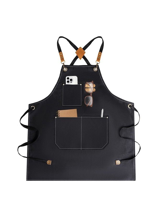 YELEGAI Aprons For Women Men With Large Pockets, Waterproof Cotton Chef Aprons For Cooking Server Grilling Bbq Kitchen Gardening (1, Pure Black) - Image 1
