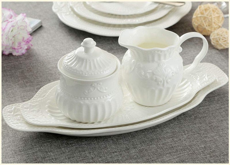 FUYU FUYU Relief White Ceramic Creamer and Sugar Bowl Set Coffee Serving Set Cream Pitcher  - Image 4
