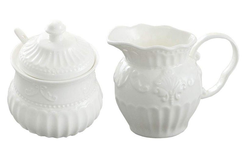 FUYU FUYU Relief White Ceramic Creamer and Sugar Bowl Set Coffee Serving Set Cream Pitcher  - Image 1
