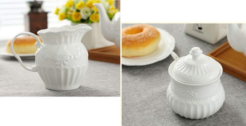 FUYU FUYU Relief White Ceramic Creamer and Sugar Bowl Set Coffee Serving Set Cream Pitcher  - Image 5