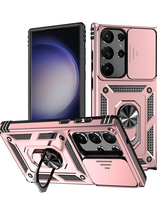 Samsung Galaxy S23 Ultra Case, Shockproof Cases, Anti-Fall Drop Protection, Built-in Slide Anti-Scratch Camera Lens Cover, Integrated 360 Degree Rotating Ring Kickstand, 6.8 Inch, Pink  - Image 1