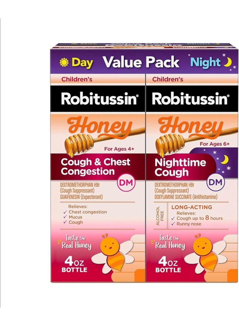 Robitussin Children’s Honey Cough and Chest Congestion DM and Children's Robitussin Honey Nighttime Cough DM, Value Pack of Children's Cough Medicine - 2 x 4 Fl Oz Bottles