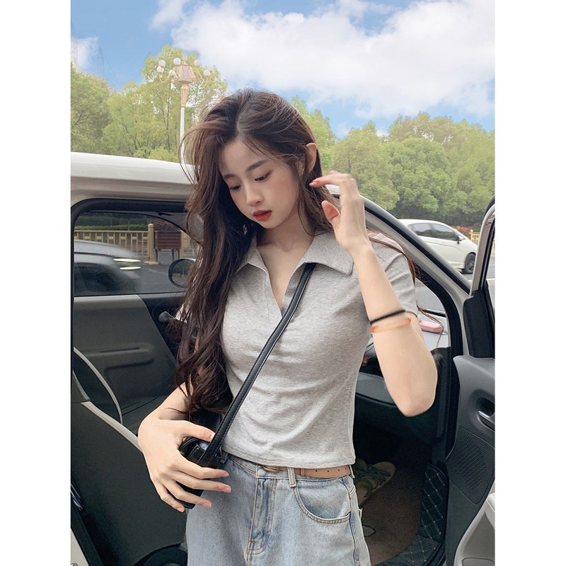 Design Sense Irregular Slim-Fit Slimming Polo Collar Short-Sleeved Shoulder T-Shirt Women'S Summer Sweet And Spicy Short Top Ins Trendy - Image 3