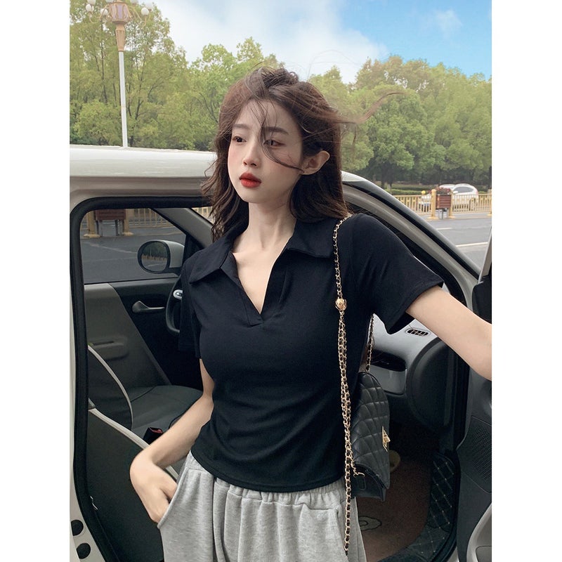 Design Sense Irregular Slim-Fit Slimming Polo Collar Short-Sleeved Shoulder T-Shirt Women'S Summer Sweet And Spicy Short Top Ins Trendy - Image 2
