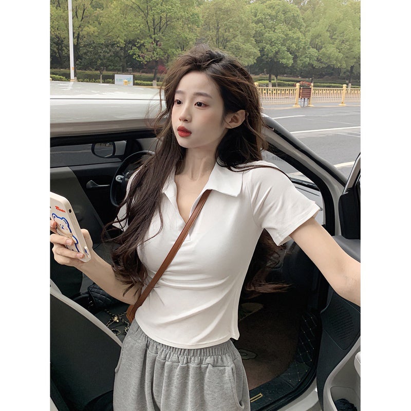 Design Sense Irregular Slim-Fit Slimming Polo Collar Short-Sleeved Shoulder T-Shirt Women'S Summer Sweet And Spicy Short Top Ins Trendy - Image 5