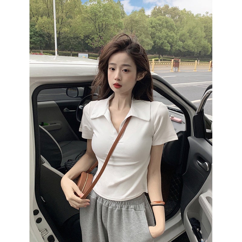 Design Sense Irregular Slim-Fit Slimming Polo Collar Short-Sleeved Shoulder T-Shirt Women'S Summer Sweet And Spicy Short Top Ins Trendy - Image 4