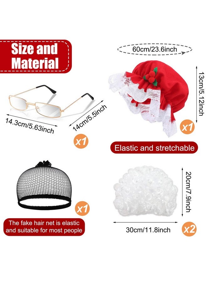 Dingion Dingion 4 Pcs Christmas Mrs Claus Costume for Women Mrs Claus Hat Old Lady Wig Granny Glasses and Hair Net for Mrs Claus Costume Cosplay Party (Square Frame Glasses) - Image 2