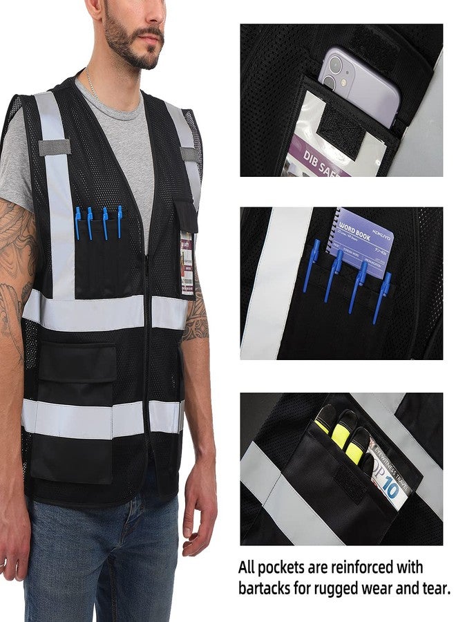Dib Safety Reflective Mesh Vest High Visibility with Pockets and Zipper, Black Mesh L - Image 4
