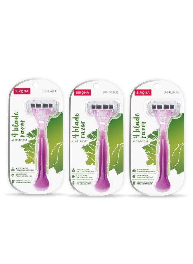 Sirona Women's Razor With Aloe Boost - 4-Blade Hair Remover for Smooth Arms, Legs, Underarms & Bikini Line - Reusable Body Razor (Pack of 3) - Image 1