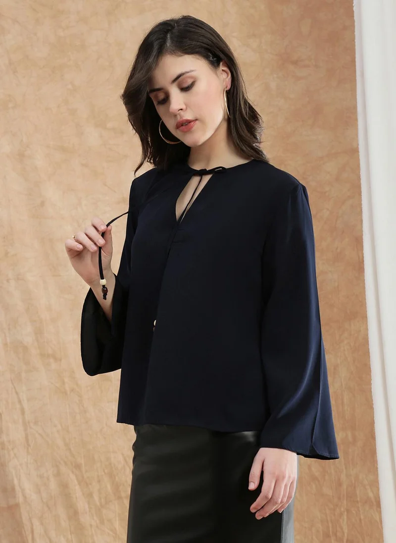 globus Globus Women Blue Tie-Up V-Neck Flared Sleeve Georgette Workwear Top