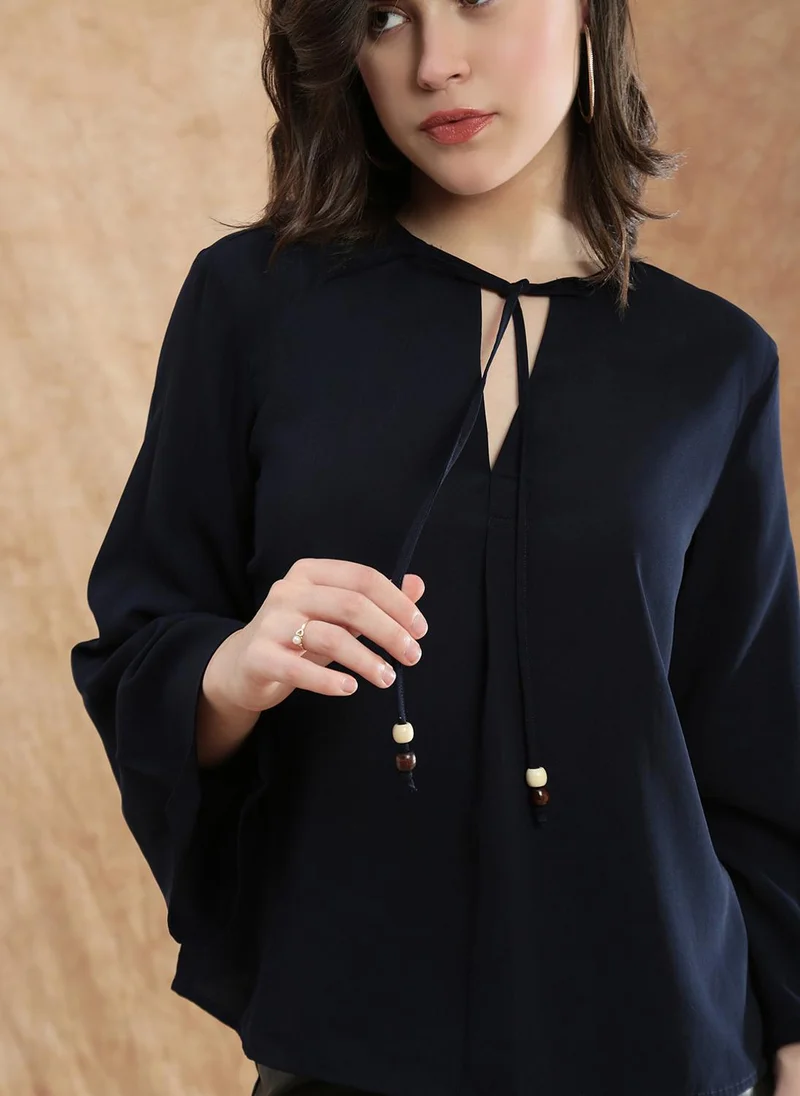 globus Globus Women Blue Tie-Up V-Neck Flared Sleeve Georgette Workwear Top