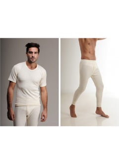 Elif Çamaşır Elif Laundry Hasyün Men's Wool Short Sleeve Underwear Set Cream  - Image 1
