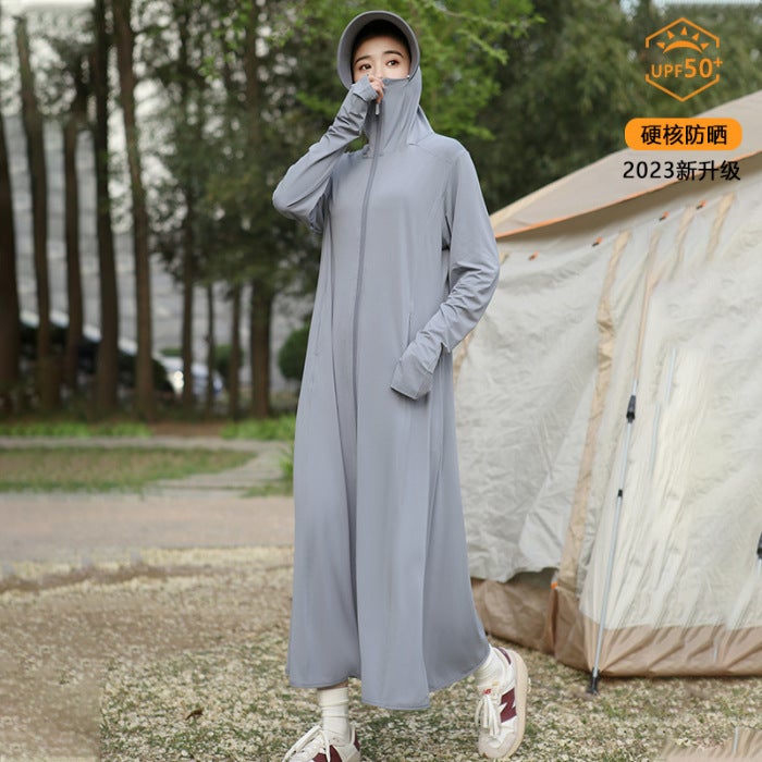 Fs102 [Official Figure Imitation Nylon 50] Anti-Ultraviolet Design Sense Solid Color Ice Silk Hooded Long Sunscreen Clothing For Women - Image 1