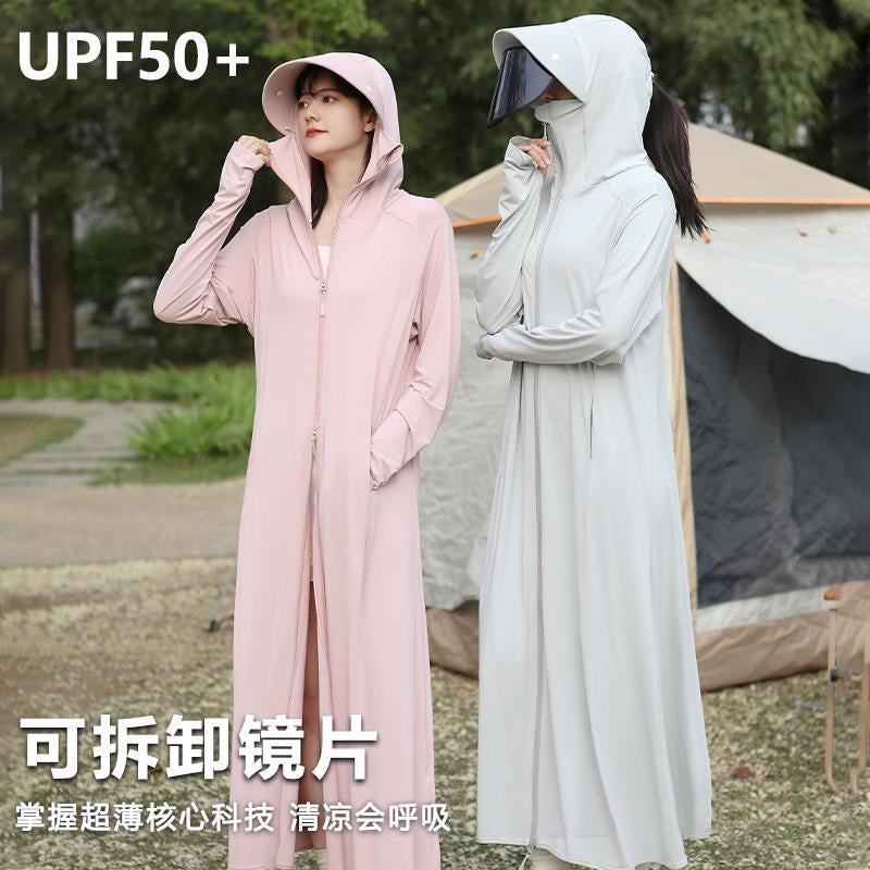 Fs102 [Official Figure Imitation Nylon 50] Anti-Ultraviolet Design Sense Solid Color Ice Silk Hooded Long Sunscreen Clothing For Women - Image 2