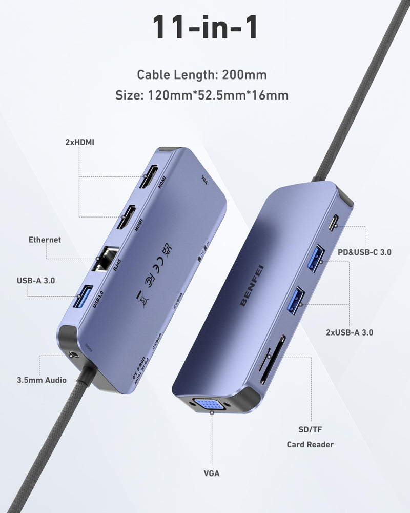 BENFEI 11-in-1 USB C Hub Triple Display Docking Station Dual HDMI, VGA, 3*USB 3.0, 1Gbps Ethernet, 100W Power Delivery, SD/TF Card Reader, 3.5mm AUX Audio Compatible with MacBook XPS Surface - Image 2
