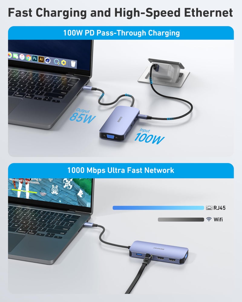 BENFEI 11-in-1 USB C Hub Triple Display Docking Station Dual HDMI, VGA, 3*USB 3.0, 1Gbps Ethernet, 100W Power Delivery, SD/TF Card Reader, 3.5mm AUX Audio Compatible with MacBook XPS Surface - Image 3