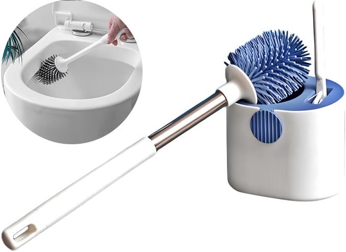 SILICONE TOILET BRUSH WITH HOLDER WALL MOUNTED FREE STAND LONG HANDLE BATHROOM SLEEK TOILET BOWL CLEANER BRUSH WITH STAND BATHROOM CLEANING SCRUBBER BRUSHES GAP CLEANING BRUSH 1SET