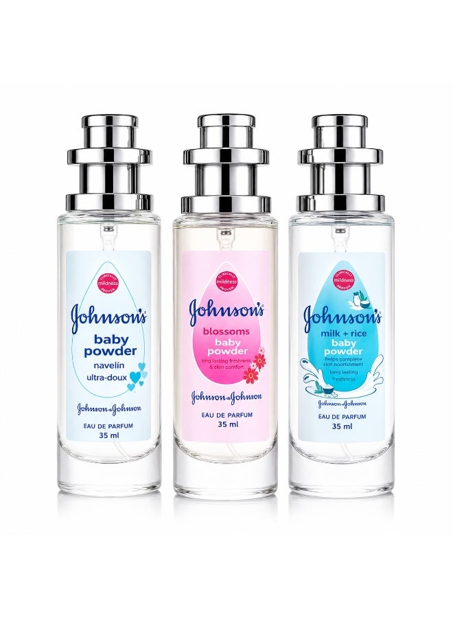 Johnson's Baby Eau De Parfum Collection, Baby Powder, Blossoms & Milk + Rice Fragrances, 3 x 35ml Set - Image 1