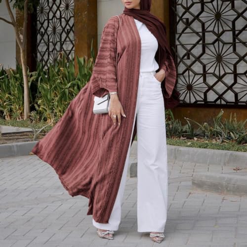 ODIZLI Muslim Abaya Robe Cardigan - Long Sleeve Stripe Open Front Kaftan Dress - Loose Kimono - Middle East Ethnic Shirts - Eid Ramadan - Tight Knot - Corban Brick Red - Long Cardigan - Image 4