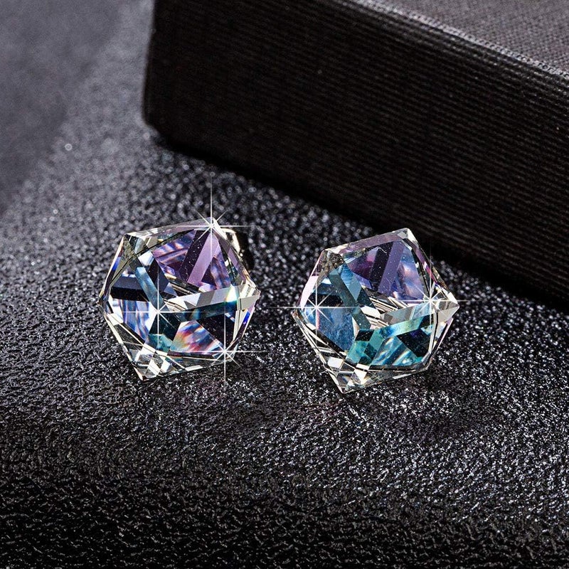 EVEVIC Cube Austrian Crystal Drop Stud Earrings for Women Fashion S925 Sterling Silver Hypoallergenic Jewelry (Vitrail Light) - Image 3