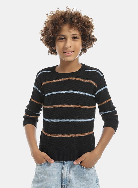 Thin Stripped Crew Neck Pullover-Black & White & Mustard