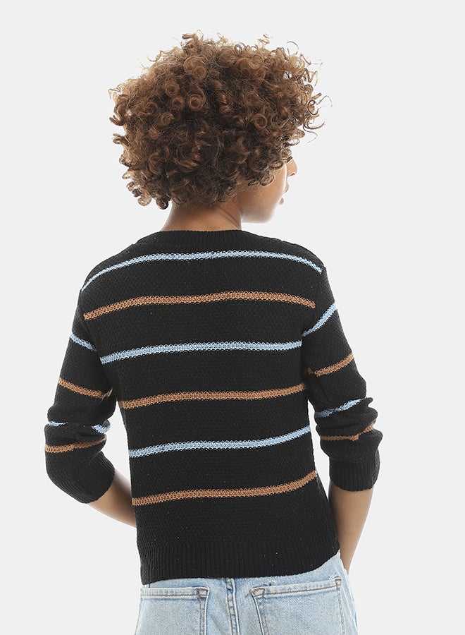 Andora Thin Stripped Crew Neck Pullover-Black & White & Mustard - Image 2