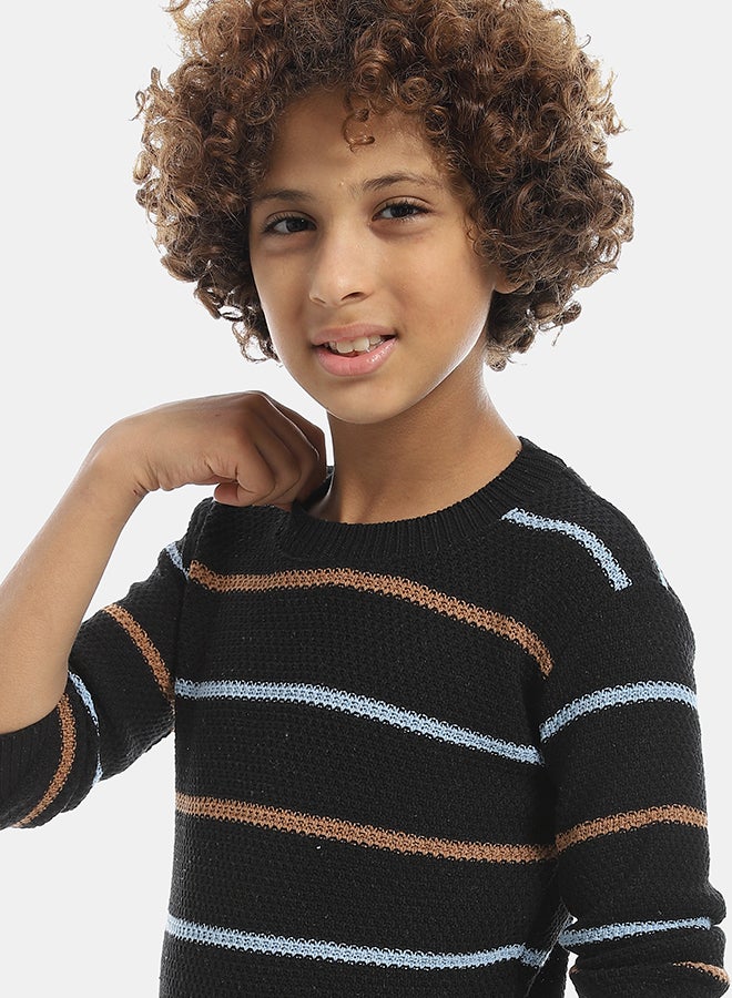 Andora Thin Stripped Crew Neck Pullover-Black & White & Mustard - Image 3