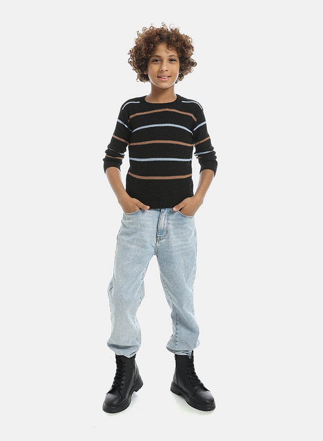 Andora Thin Stripped Crew Neck Pullover-Black & White & Mustard - Image 5