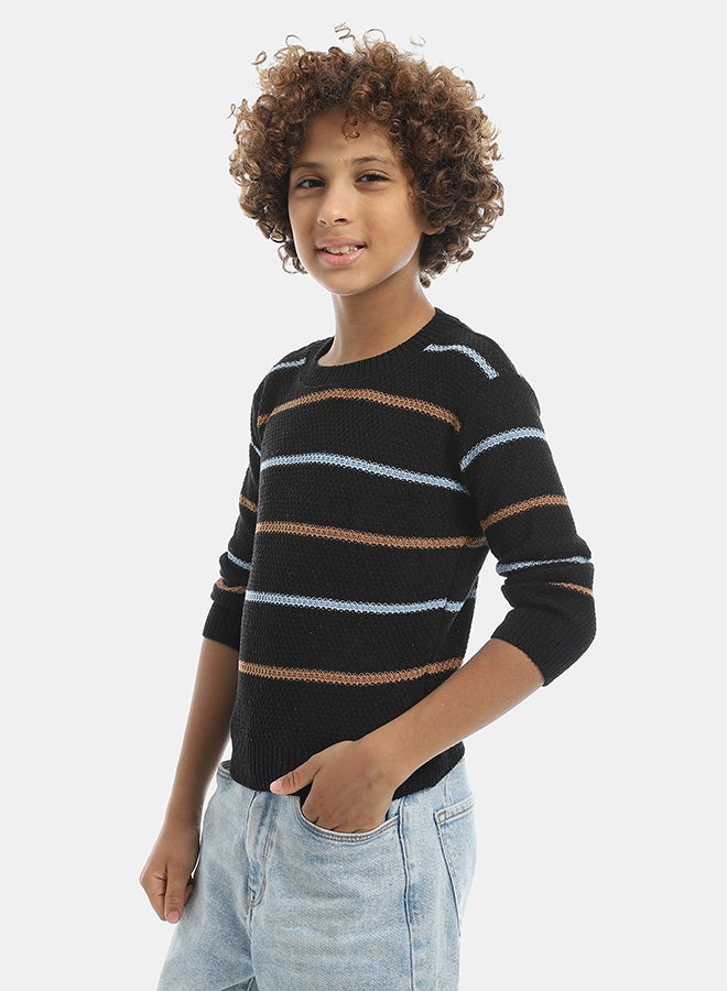 Andora Thin Stripped Crew Neck Pullover-Black & White & Mustard - Image 4