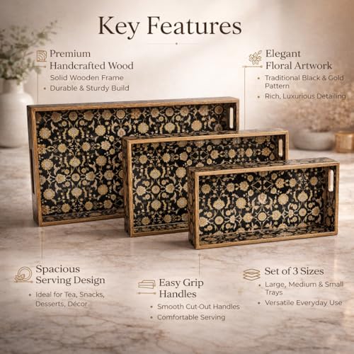 Amimashop Set of 3 Rectangular Wooden Serving Trays|Wooden Tray Set for Serving| Wooden Tray for Decoration, Serving, Kitchen Organizer|Tray Set with Handles(16", 14", 12") Black Gold Floral - Image 4