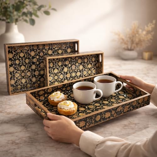 Amimashop Set of 3 Rectangular Wooden Serving Trays|Wooden Tray Set for Serving| Wooden Tray for Decoration, Serving, Kitchen Organizer|Tray Set with Handles(16", 14", 12") Black Gold Floral - Image 5