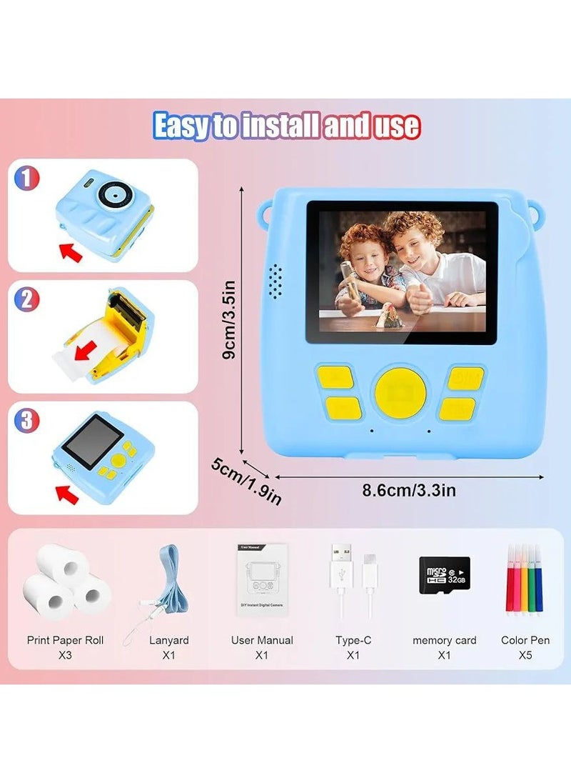 Generic Children's Camera Instant Camera 1080P 2.4 Inch Screen Digital Camera Children With 3 Rolls Of Printing Paper & 32GB Card Children's Camera With Photos Printer  - Image 3