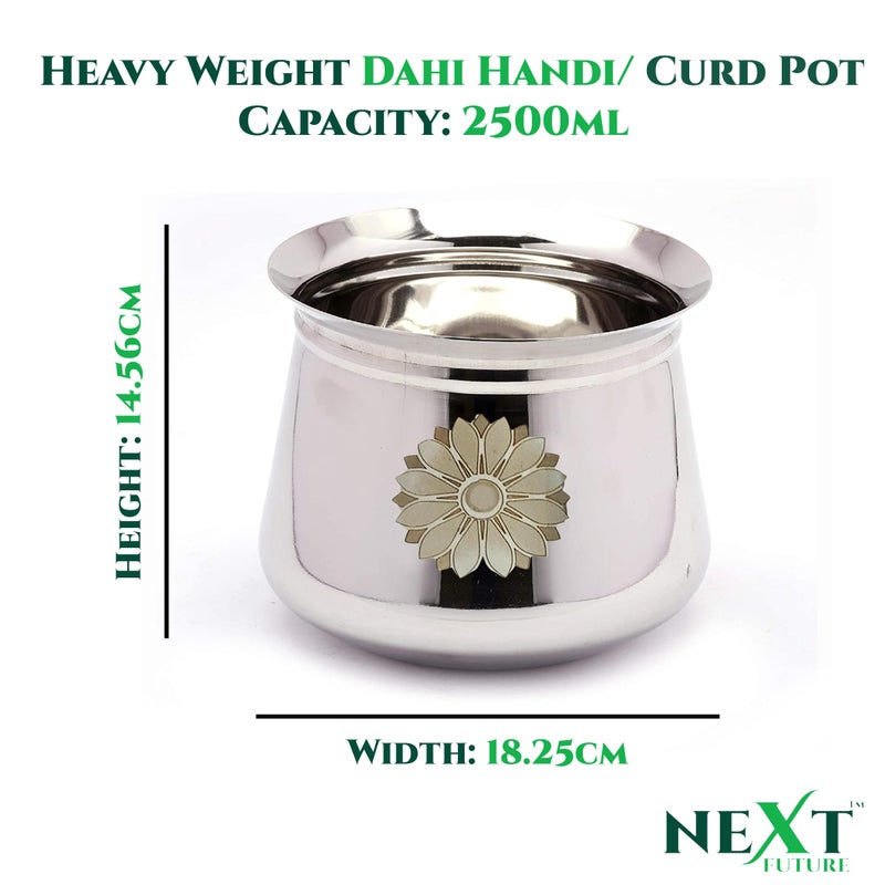 NEXT Future, Flower Laser Print, 2500ml, 20G Arcot/Dahi/Madras Stainless Steel Handi/Bartan, Highly Polished Cookware & Serveware Handi for Kitchen with Lid & Knob (2500ml) - Image 2