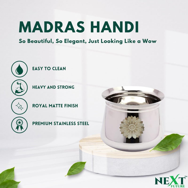 NEXT Future, Flower Laser Print, 2500ml, 20G Arcot/Dahi/Madras Stainless Steel Handi/Bartan, Highly Polished Cookware & Serveware Handi for Kitchen with Lid & Knob (2500ml) - Image 3