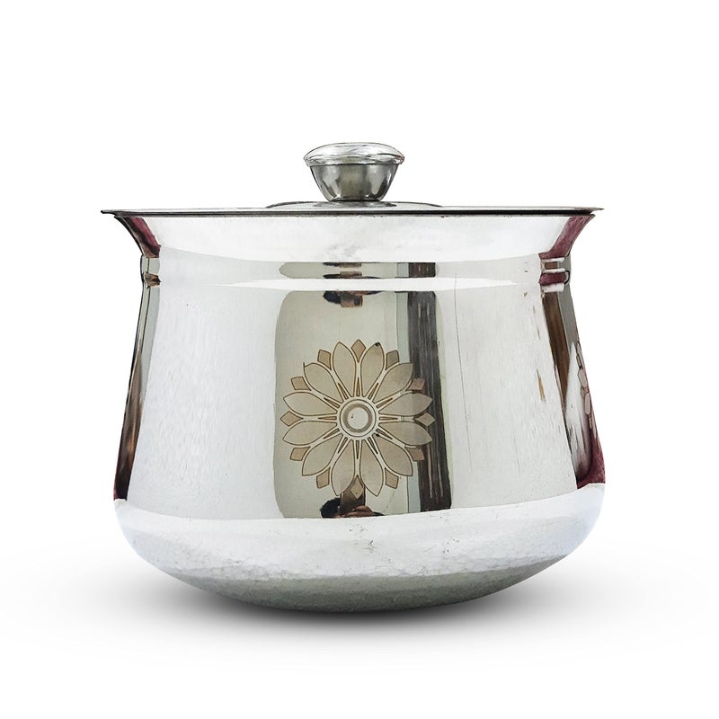 NEXT Future, Flower Laser Print, 2500ml, 20G Arcot/Dahi/Madras Stainless Steel Handi/Bartan, Highly Polished Cookware & Serveware Handi for Kitchen with Lid & Knob (2500ml) - Image 1
