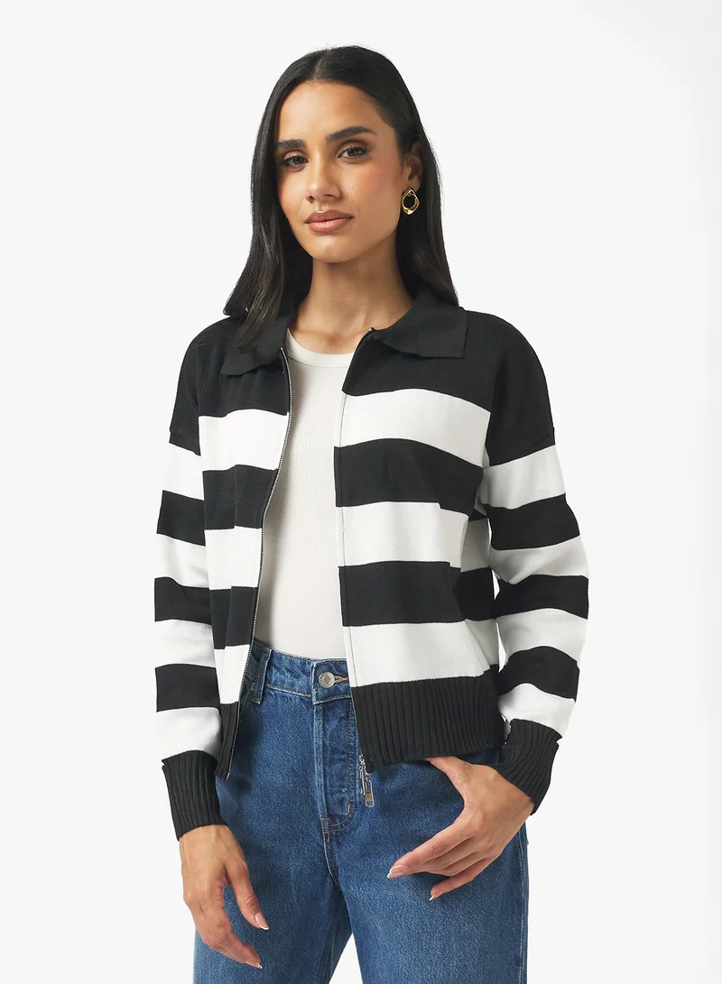 جينجر Zip Up Stripe Cardigan
