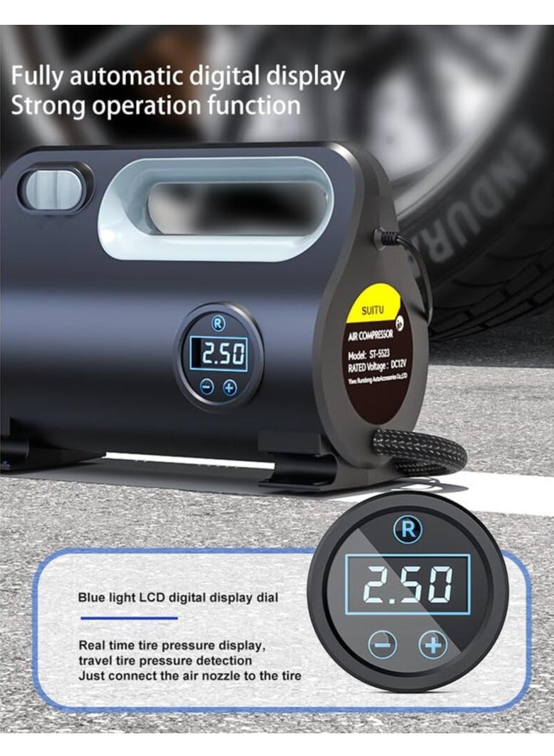 Generic Tire Inflator, Air Compressor, Portable Electric Car Tire Pump with Tire Pressure Gauge, Auto Stop Car Air Pump with 3 Nozzle Valve Adapter and LED Light, Car Accessories, 12V  - Image 2