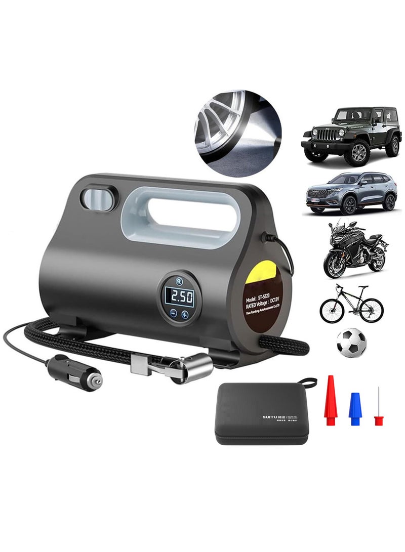 إيزي سو منفاخ إطارات، منفاخ هواء كهربائي، مضخة إطارات كهربائية محمولة للسيارة مع مقياس ضغط الإطارات، مضخة هواء سيارة ذاتية التوقف مع محول صمام بثلاث فوهات وإضاءة LED، ملحقات السيارة، 12 فولت - Image 1