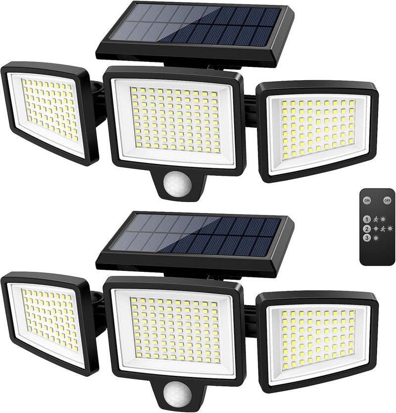 Tuffenough Solar Outdoor Lights 2500LM 210 LED Security Lights with Remote Control,3 Heads Motion Sensor Lights, IP65 Waterproof,270° Wide Angle Flood Wall Lights with 3 Modes(2 Packs) - Image 1