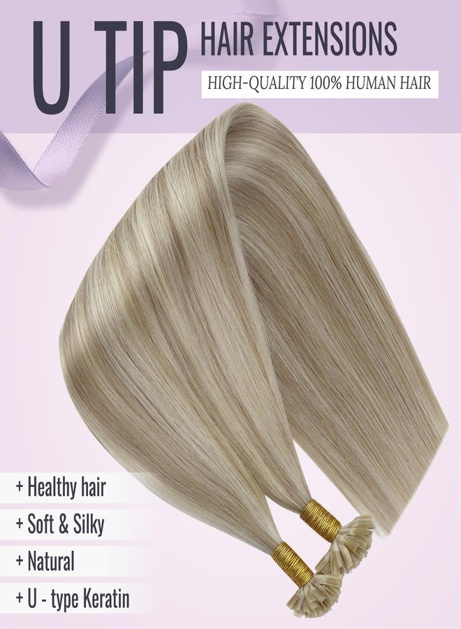 Fshine Keratin Hair Extensions Human Hair Fusion Hair Extensions Color Ash Blonde Mixed with Bleach Blond 22 inch U Tip Hair Extensions Human Hair Highlight Remy Human Hair 50g/50s - Image 2