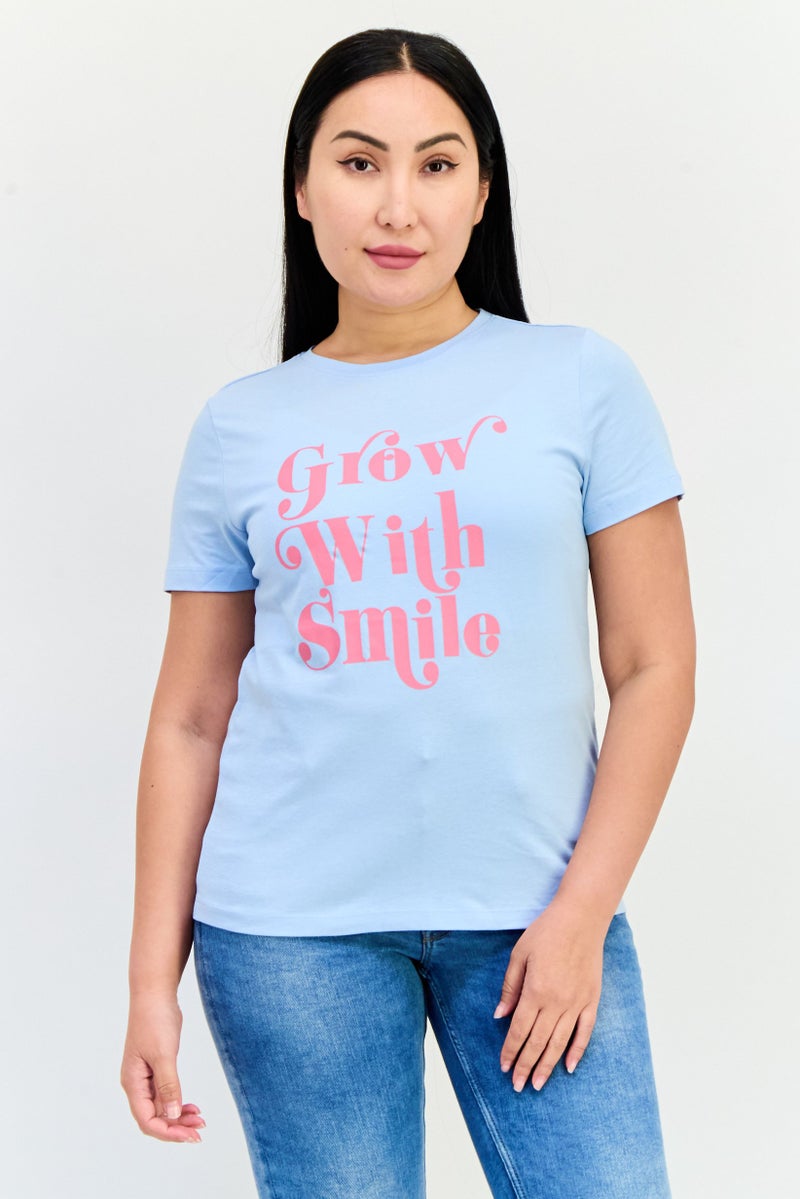 ONLY تي شيرت نسائي بأكمام قصيرة وياقة دائرية، مطبوع برسومات، أزرق - Image 1