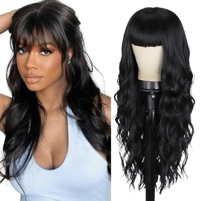 EMMOR Black Wigs for Women Long Curly Wigs With Bangs Water Wavy Synthetic Wig Party Cosplay Daily Use