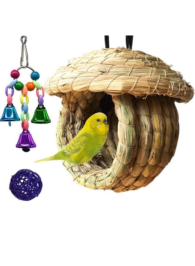 هامليدي عش طيور هاميليدي من القش، بيت طيور من الألياف الطبيعية، كوخ مريح للراحة والتكاثر مع لعبة طيور للببغاوات متوسطة الحجم، ببغاوات الكونيور والكوكاتيل، كبير - Image 1