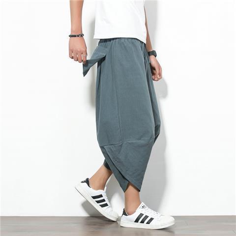 Generic Linen Beach Pants Mens Capri Pants Thin Summer Loose Wide Leg Pants Chinese Style Pants Mens Casual Shorts Trendy Gray green [k25] solid color 