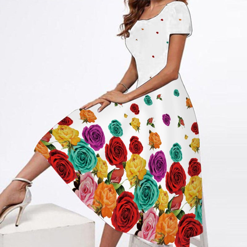 Plus Size Short Sleeve Print Maxi Dress with Square Neckline and Flared Hem - Image 2