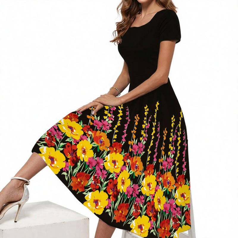 Plus Size Short Sleeve Print Maxi Dress with Square Neckline and Flared Hem - Image 1